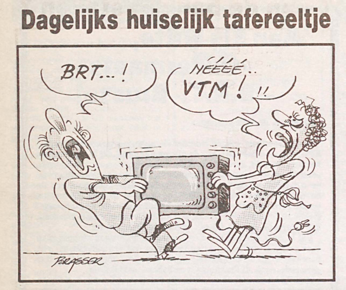 <p>Cartoonist Brasser over de concurentie tussen BRT en VTM, in <em>’t Pallieterke</em>, 11 januari 1990. (ADVN, VY900002)</p>