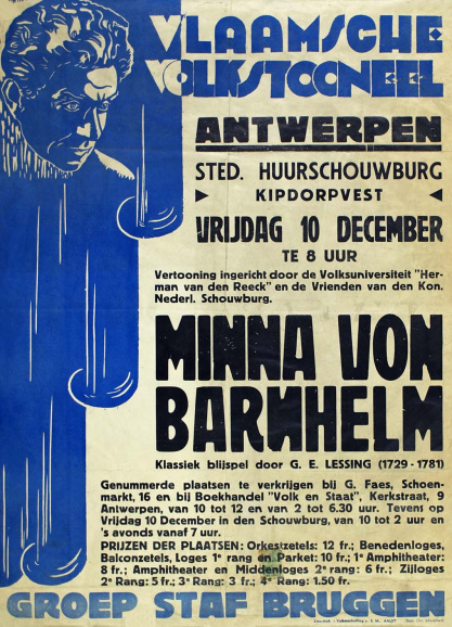 Affiche voor de theatervoorstelling 'Minna von Barnhelm' van de Groep Staf Bruggen, georganiseerd door de Volksuniversiteit Herman van den Reeck, 1936. (Collectie Stad Antwerpen, Letterenhuis, tglhps3202)