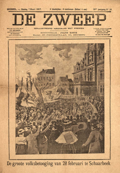 De vraag naar taalkundige gelijkheid klonk steeds luider. Op 7 maart 1897 berichtte het Brusselse flamingantische weekblad De Zweep over een grote manifestatie in Schaarbeek voor de Gelijkheidswet. (Universiteitsbibliotheek Gent)