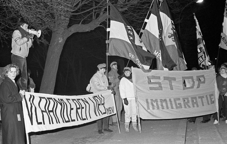 Anti-migratiebetoging in Gent door de Nationalistische Studentenvereniging (NSV), februari 1986. Foto Lieve Colruyt. (Amsab-ISG, fo026546)