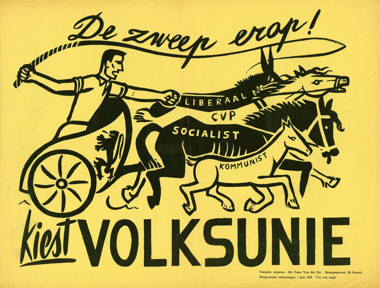 De Volksunie (VU) nam in 1958 voor het eerst deel aan verkiezingen, maar het resultaat was beperkt. Affiche voor de parlementsverkiezingen van 1958. (ADVN, VAFA407)