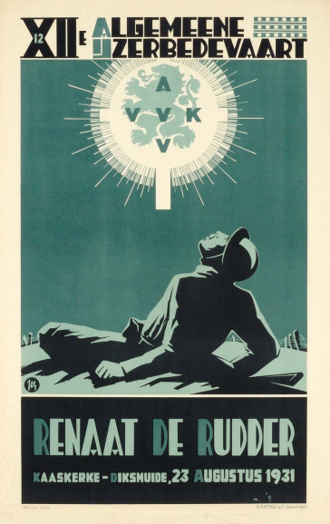 Het lijden van de Vlaamse frontsoldaten verpersoonlijkt in de tot martelaar verheven soldaat Renaat de Rudder op de affiche van de twaalfde IJzerbedevaart, 23 augustus 1931. Ontwerp Jos de Swerts. (ADVN, VAFC8)