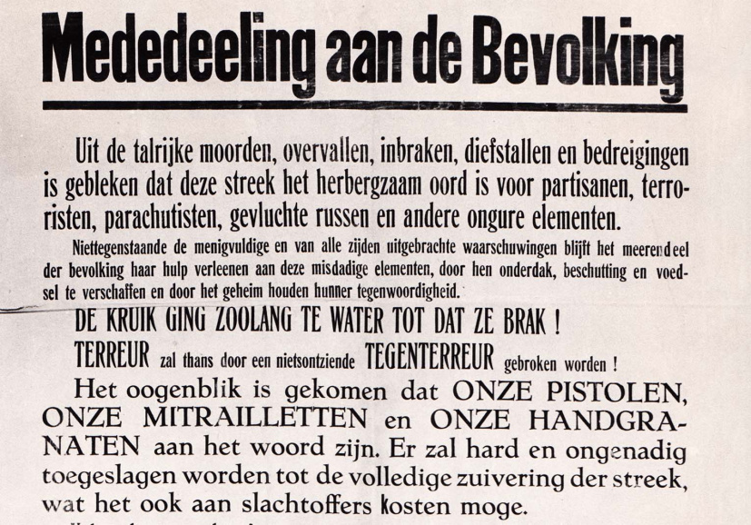 Fragment uit een waarschuwing aan de Limburgse bevolking dat ‘terreur’ (tegen collaborateurs) zal worden beantwoord met 'nietsontziende tegenterreur’, ca. 1944. (CegeSoma/Rijksarchief)