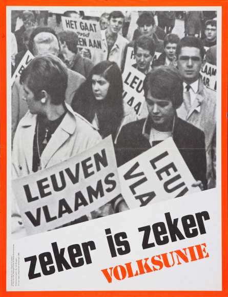 Onder meer via steun aan de studentenacties in Leuven vond de VU aansluiting bij de toenmalige contestatiebeweging. Affiche voor de parlementsverkiezingen van 1968. (ADVN, VAFB223)