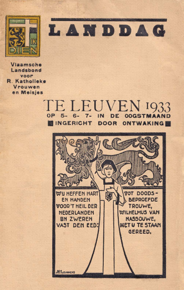 De Vlaamsche Landsbond voor Rooms-Katholieke Vrouwen en Meisjes kwam tijdens het interbellum onder anti-Belgische invloed en helde over naar het Groot-Nederlandse standpunt. De tekst op de omslag van de brochure is de eed die afgelegd werd op de Volkshulde te Delft in april 1933 ter herdenking van het vierde eeuwfeest van het geboortejaar van Willem van Oranje. (ADVN, VBRB1067)