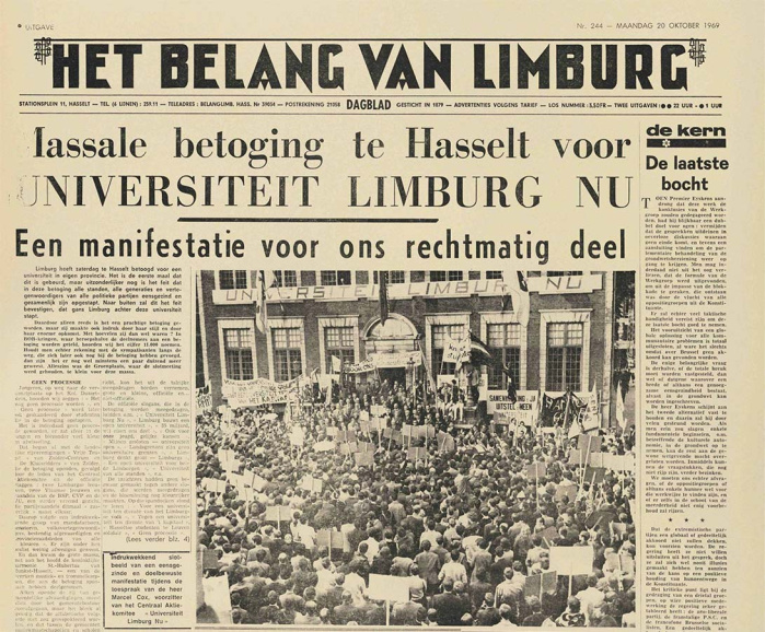 <p><em>Het Belang van Limburg</em> bericht over de grote betoging in Hasselt voor een Limburgse universiteit, oktober 1969.</p>