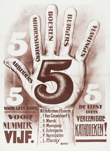 Affiche van de Katholieke partij in Antwerpen voor de parlementsverkiezingen van 1921. Vlamingen werden op deze affiche als een aparte stand werden weergegeven, naast arbeiders, middenstanders, boeren en burgers. (KADOC, kcc000569)