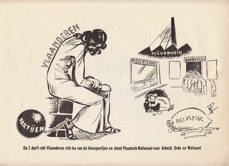 Over het algemeen had het Vlaamsch Nationaal Verbond weinig aandacht voor economische vraagstukken, behalve dan zoals hier voor propagandistische doeleinden, waarbij er tevens op antisemitische sentimenten wordt ingespeeld. Verkiezingsbrochure, 1939. (ADVN)