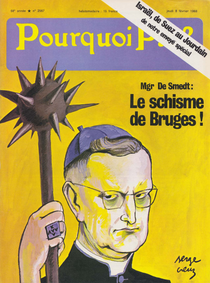 <p>Mgr. Emiel de Smedt, bisschop van Brugge, wekte in 1958 ergernis wegens zijn waarschuwing tegen stemmen op de Volksunie (VU). Tien jaar later werd hij in <em>Pourpuoi Pas?</em> (8 februari 1968) integendeel afgeschilderd als een voorvechter van de Vlaams-nationale zaak. (ADVN, VY1961)</p>