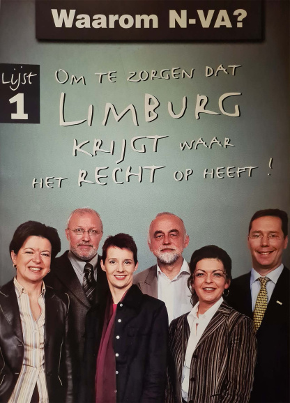 N-VA-verkiezingsdrukwerk voor de parlementsverkiezingen van 2003. 
Van links naar rechts: Frieda Brepoels, Rejan Minnekeer, Helga Stevens, Jan Peumans, Annette Stulens en Peter Luykx. (ADVN, DA377/7)