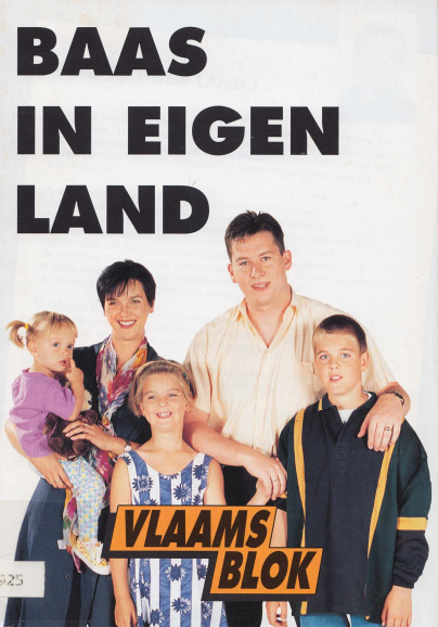 Het Vlaams Blok hechtte in de jaren 1980 en 1990 veel belang aan het traditionele, kroostrijke gezin. Verkiezingsbrochure, 1999 (ADVN, VBRB5925)