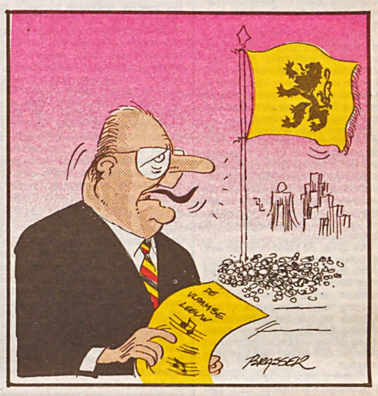 <p>Koning Albert II waagt zich voorzichtig aan het zingen van <em>De Vlaamse Leeuw</em>. Cartoon van Brasser, 20 juli 1994. (ADVN, VY90002)</p>