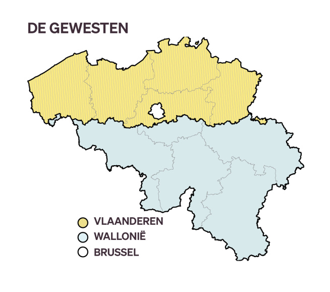 De federale staatsstructuur van België, bestaande uit drie gemeenschappen en drie gewesten. Kaarten Vlaams Parlement.