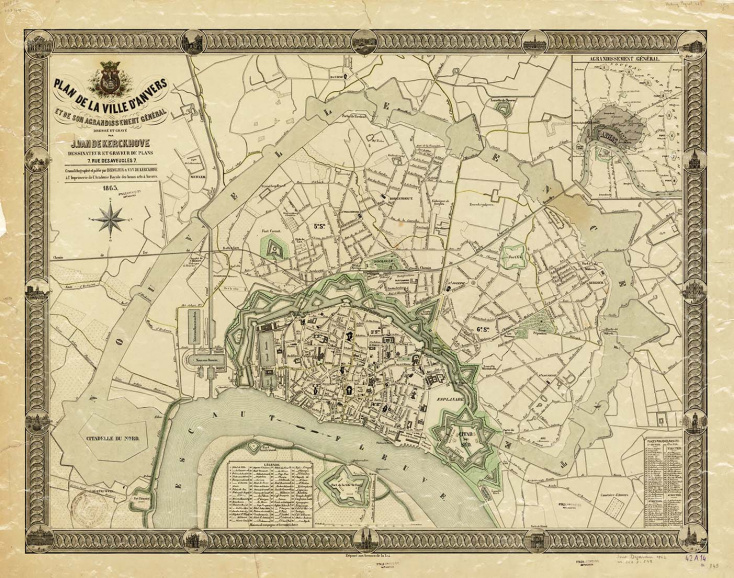Nieuwe stadsomwalling van de Brialmontversterking op 2,5 kilometer van de voormalige vesten. Plan door J. van de Kerckhove, 1863. (Collectie Stad Antwerpen, FelixArchief, 12/4195)