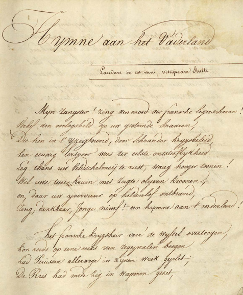 <p>Handschrift van Jan Frans Willems, <em>Hymne aan het Vaderland</em>, 1812. (Collectie Stad Antwerpen, Letterenhuis, tglhhs19158/3)</p>