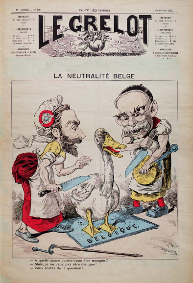 <p>De benarde situatie van het neutrale België, volgens het Parijse satireblad <em>Le Grelot </em>(20 februari 1887): zowel de Franse keukenmeid (president Jules Grévy) als de Duitse keukenmeid (rijkskanselier Otto von Bismarck) wilde de Belgische gans opsouperen. (Privécollectie Paul Van Damme)</p>