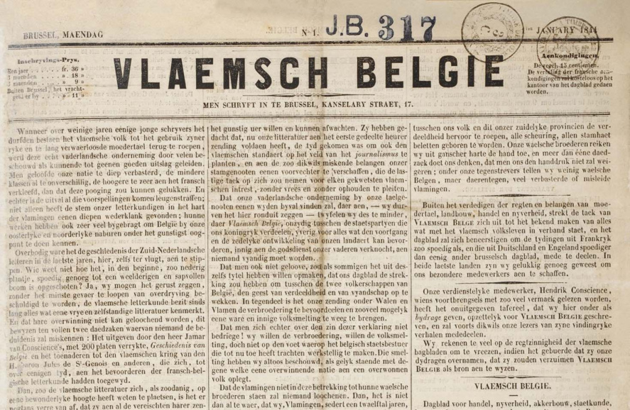 <p><em>Vlaemsch België</em> werd in 1844 in Brussel gelanceerd en was de eerste Vlaamse krant in Brussel. (Koninklijke Bibliotheek van België)</p>