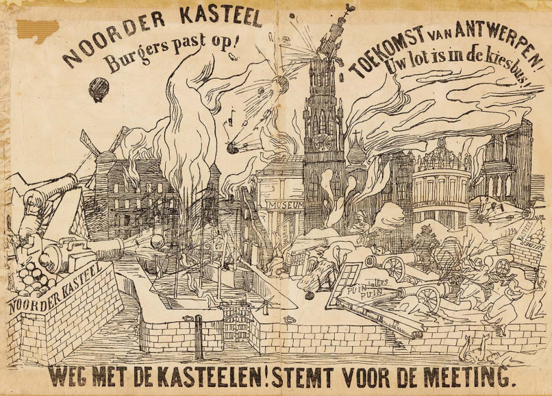 De Meeting speelt met deze verkiezingsaffiche uit 1863 in op het trauma van de Nederlandse beschieting van de stad vanuit het Zuidkasteel in 1830. (Collectie Stad Antwerpen, Letterenhuis, tglhps9928)