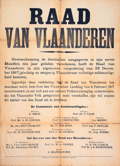 Aankondiging van de Vlaamse zelfstandigheid door de Raad van Vlaanderen, 22 december 1917. (ADVN, VAFB331)