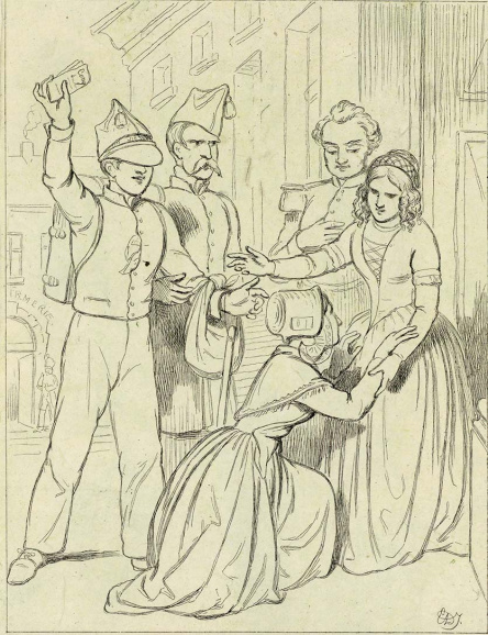 <p>Illustratie van Edward Dujardin uit <em>De loteling</em> (1850). Dujardin stond in voor het illustreren van 45 romans van Hendrik Conscience. (Collectie Stad Antwerpen, Letterenhuis, tglhpr9831)</p>