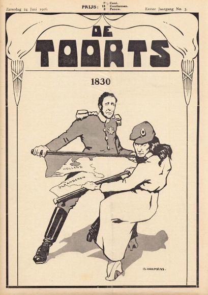 <p>Het activistische blad <em>De Toorts</em> stelde in 1916 op karikaturale manier het op macht beluste Frankrijk voor als de hoofdverantwoordelijke voor de Belgische Revolutie en dus voor de scheiding tussen Vlaanderen en Nederland. (ADVN, VY553)</p>