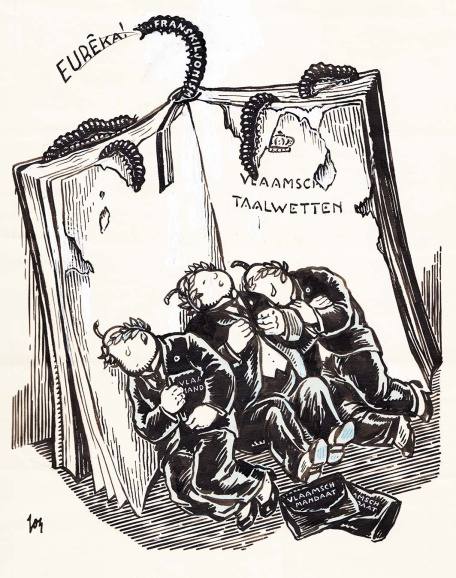 Spotprent van Jos de Swerts over de slechte naleving van de taalwetten van 1921, ca. 1925. (Collectie Stad Antwerpen, Letterenhuis, tglhtk5777)