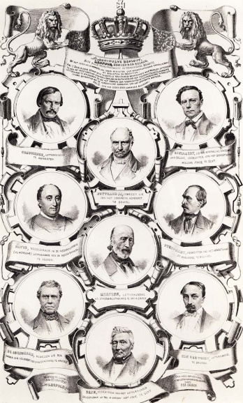 De leden van de zogenaamde "Grievencomissie", met linksboven Hendrik Conscience, 1856. (Collectie Stad Antwerpen, Letterenhuis)